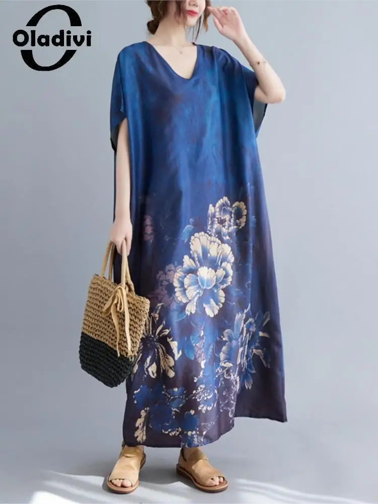 

Oladivi Fashion Floral Print Short Sleeve Large Size Dresses Women 2022 Summer New Casual Loose Oversized Maxi Long Dresses 1608