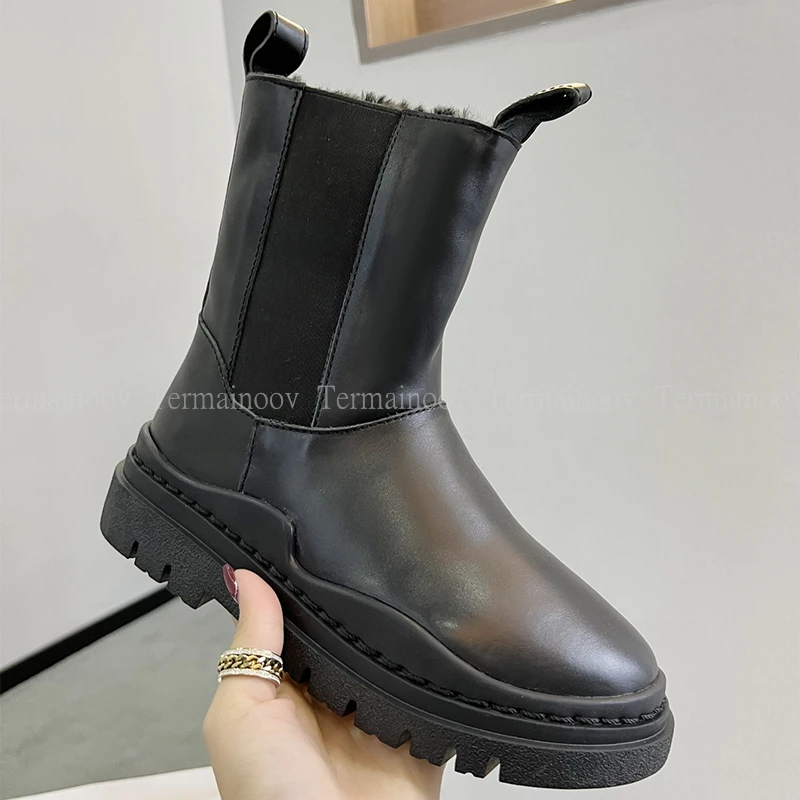 

New Women Boots Winter Shoes Warm Genuine Leather Wool Snow Boots Ankle Flats Brand Fashion Short Female Booties