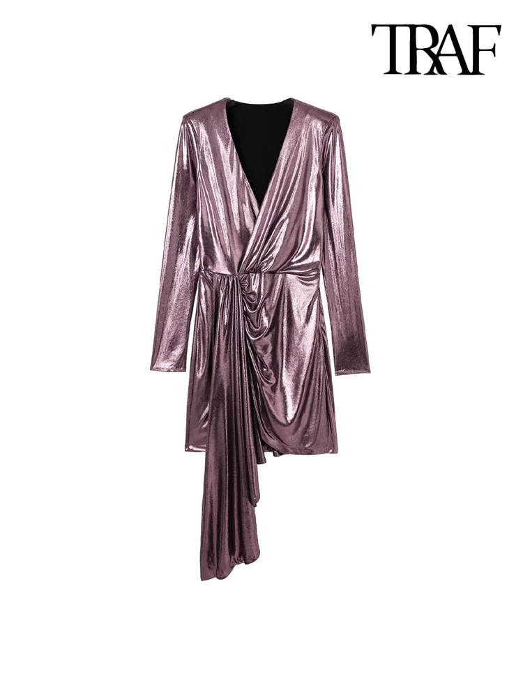 

Платье-мини с рюшами, V-образным вырезом и длинным рукавом