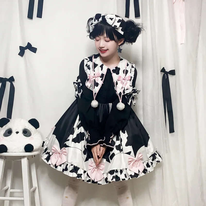 

2022 New Sweet snow shepherd lolita skirt genuine original cow bow cute sweet long-sleeved op princess kawaii dress gothic fairy