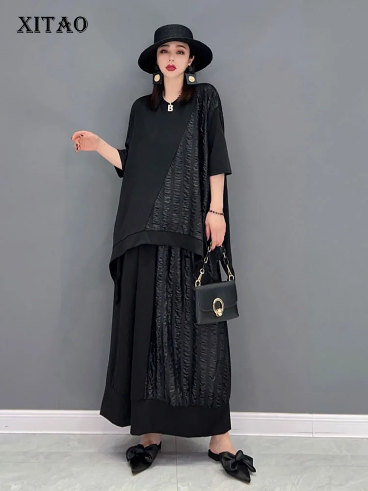 

XITAO Two Piece Set Women Black Patchwork T Shirt Fashion Elastic Waist Pleated Skirt Goddess Fan Casual Loose Style WMD5124