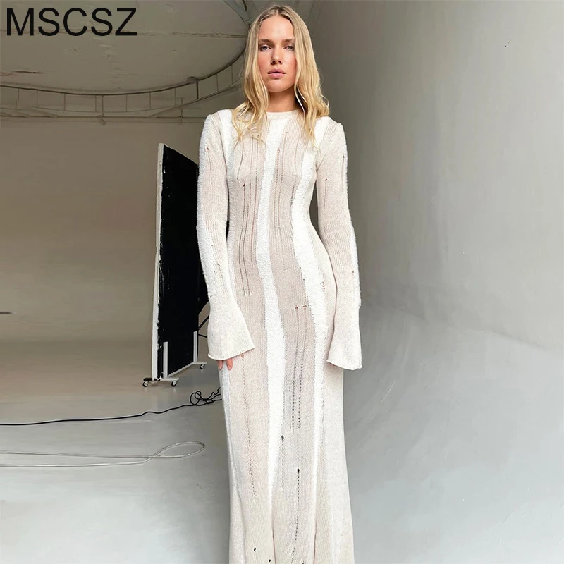 

Женское трикотажное платье-макси с длинным рукавом, в полоску