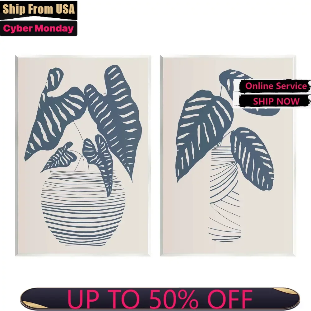 

Canvas Painting Industries Neat Potted Plant Leaves Minimal Striped Vases Graphic Art Unframed Art Print Wall Art, Set Of 2