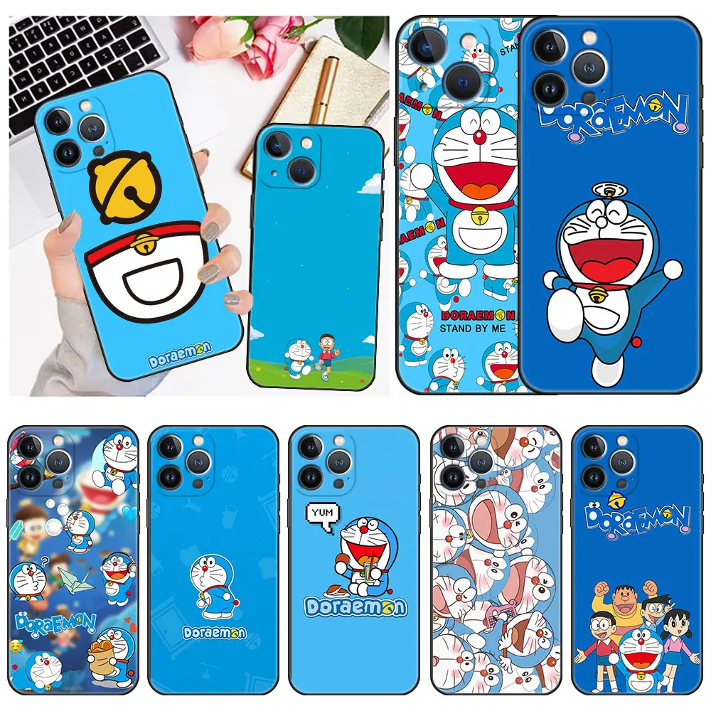

Case For Apple iPhone 13 11 12 Pro 7 XR X XS Max Black Soft Phone Funda 8 6 6s Plus 5 5S SE 2022 Cover Cute Anime Doraemon