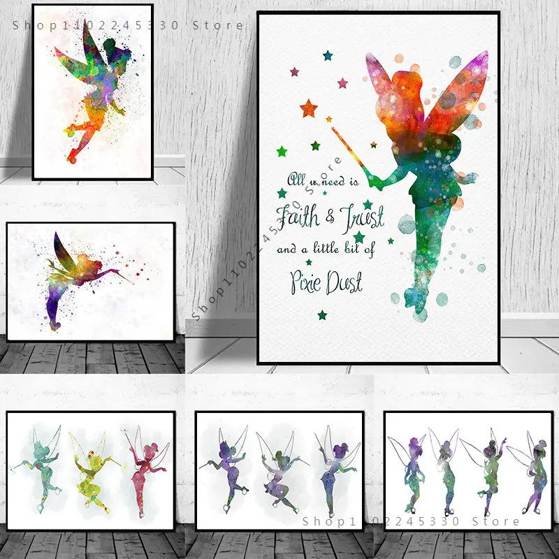 

Watercolor Disney Peter Pan Tinkerbell Canvas Painting Wall Art Cute Pixie Fairy Posters And Prints For Kids Bedroom Home Decor