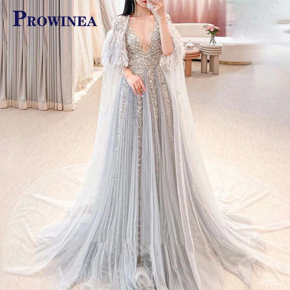 

PROWINEA Luxury Dubai Silver Grey Evening Dress with Feather Cape Shawl Gold Arabic Women Wedding Party Gowns Long Formal Dress