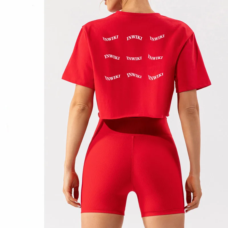 

Quality Red Sports Short Sleeve Yoga Top Dress Running Fitness Top Loose Sports T-shirt Women Roupa de academia Feminina Cropped