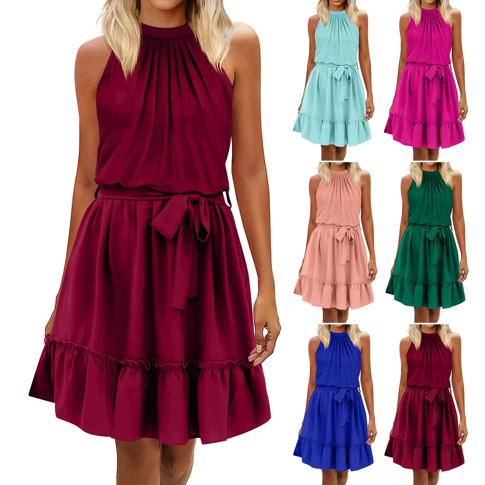 

Формальные Коктейльные платья, женское однотонное платье без рукавов, Женские Простые изысканные повседневные летние платья с высокой тал...