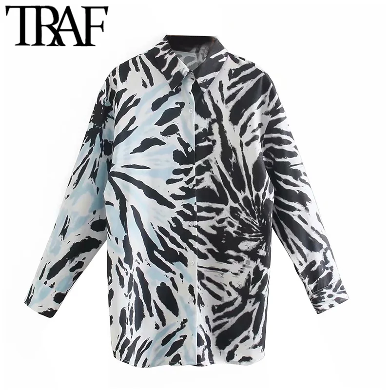 

TRAF Women Fashion Contrast Print Loose Blouses Vintage Long Sleeve Button-up Female Shirts Blusas Chic Tops