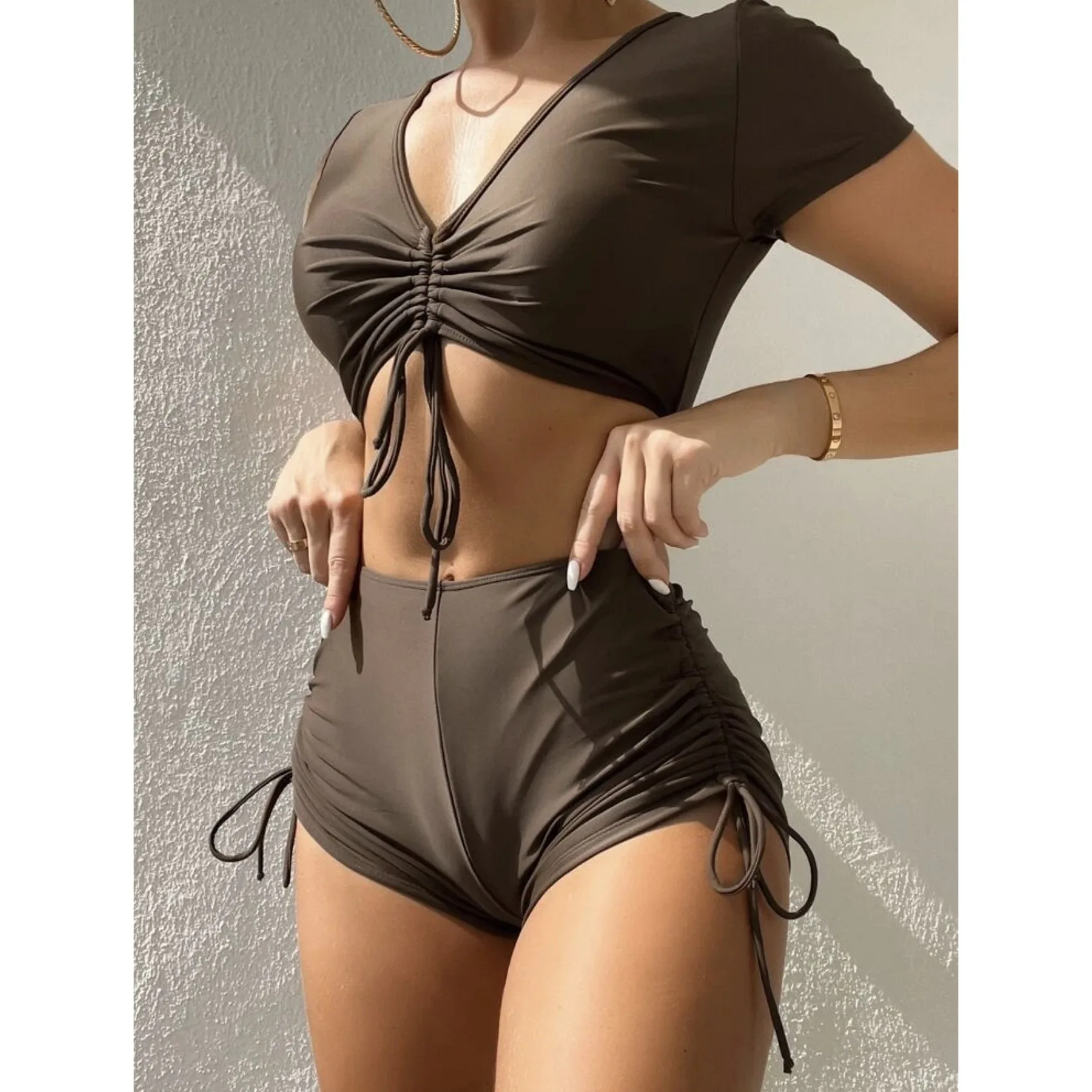 

Solid color split swimsuit high waist thin swimsuit solid color with breast pad conservative Bikini Beach Women's Bikini