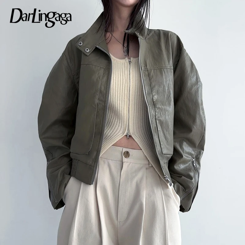 

Darlingaga Vintage Harajuku Winter Jacket PU Leather Women Outwear Zip-Up Fashion Y2K Autumn Coat Solid Moto Style Cool Jackets