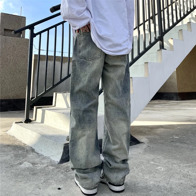 Men's 2022 New Wear Vintage Casual Ripped Blue Jeans Broad Leg Pants High Street Loose Straight Trousers Autumn and Winter Women
