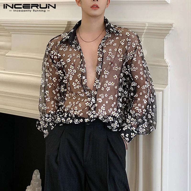 

Fasion Men Mes Sirt Transparent Lon Sleeve Printed Lapel Loose Streetwear Blouse Party Clubwear Casual Casmia S-5XL