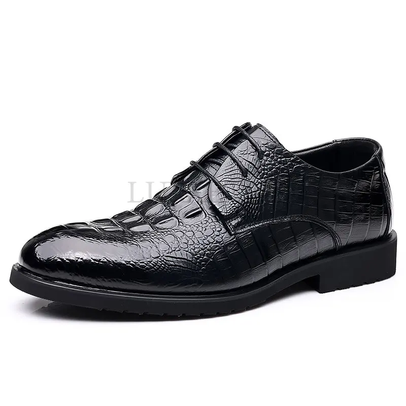 

Cowhide Leather Shoes Men Lace-Up Business Dress Shoe Rubber Outsole Men's Elegant Formal Oxfords British Crocodile Pattern Shoe