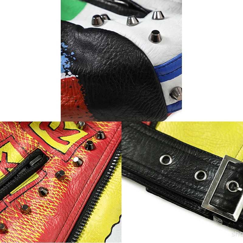 Rock Punk Motorcycle Jackets Women 2023 Trend Streetwear Contrast Stitched Graffiti Print Faux Leather Studded Leather Jacket