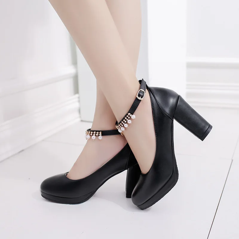 Women's Wedding Shoes String Bead Ankle Strap Elegant Middle High Heel Dress Platform Bridal Pearl Pumps 8cm 2023 Autumn Leather