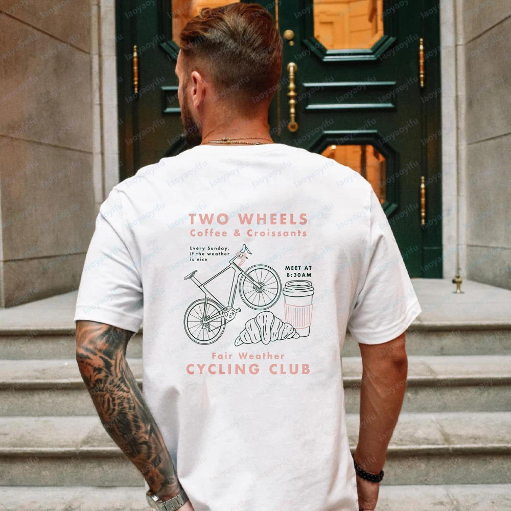 Фото Укороченная футболка Cycling Club с рисунком велосипеда, кофе и круассанов, футболка оверсайз, высококачественная хлопковая футболка №1