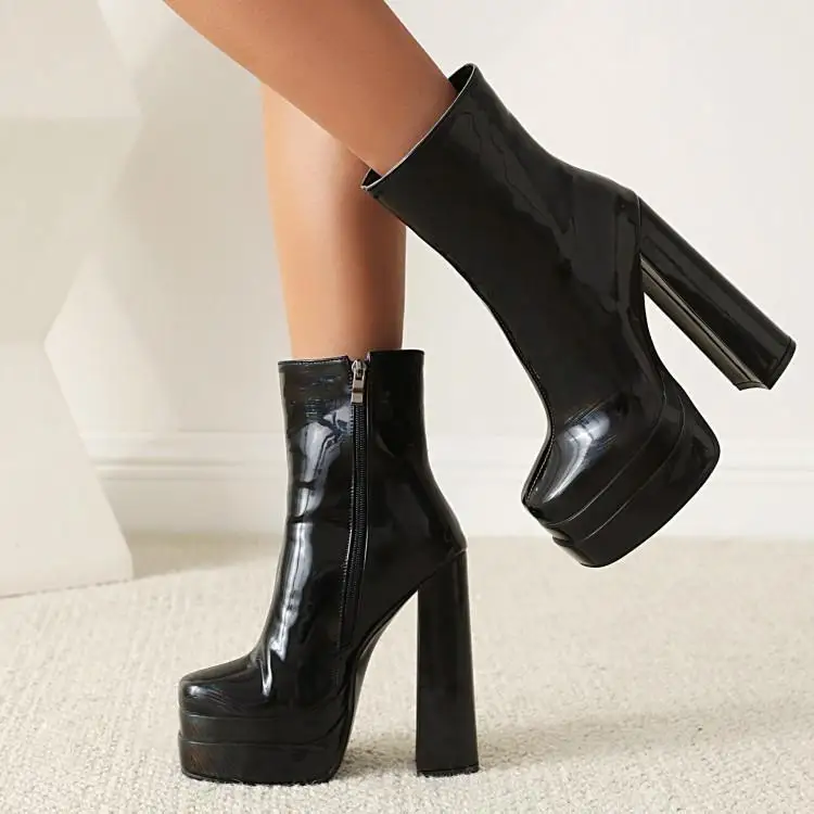 

Catwalk Boots Super High Heel Patent Leather Square Short Boots 2022 New Thick Heel Waterproof Platform Fashion Women's Boots QY