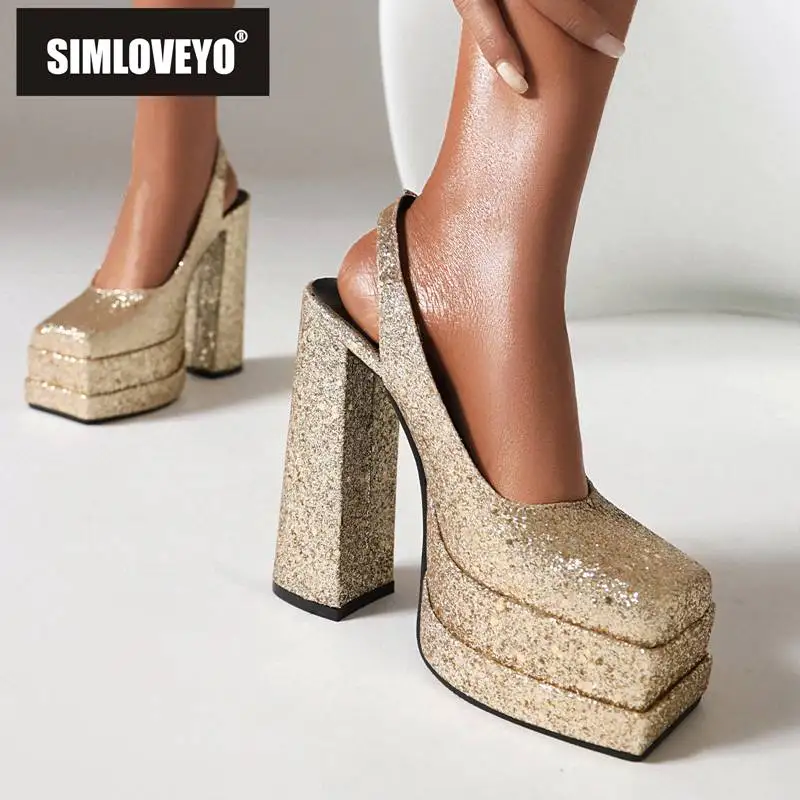 

SIMLOVEYO роскошные женские туфли-лодочки с квадратным носком на массивном каблуке 14 см двойная Платформа 5 см блестящие задние ремешки сексуальная женская обувь большого размера 44 45