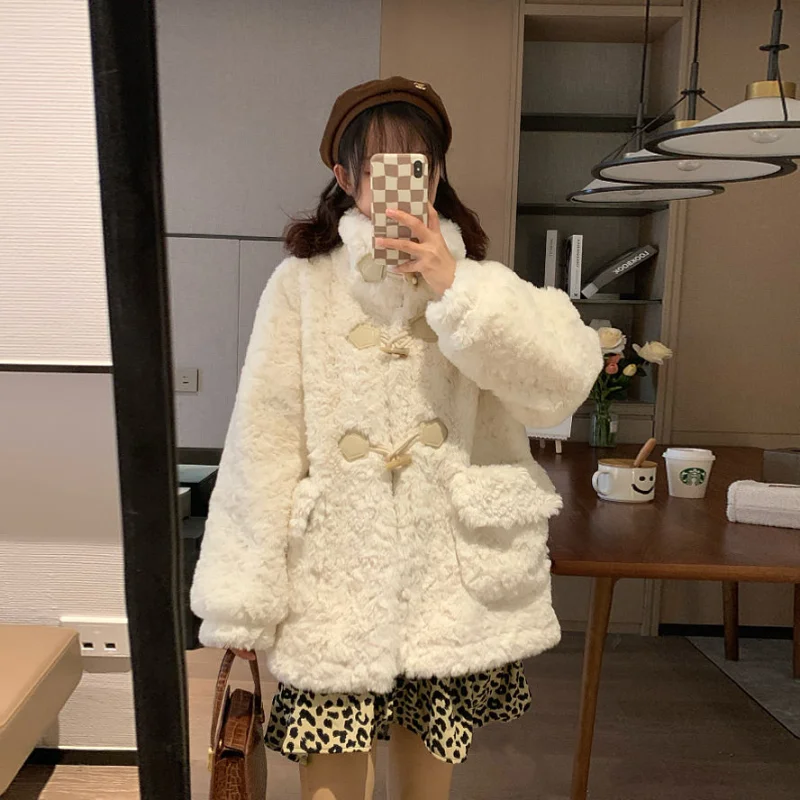 QWEEK Women Warm Faux Fur Fleece Coat Jacket Lamb Wool Thickened Oversized Long Sleeve Cute Lamb Wool Button Up Winter Outerwear