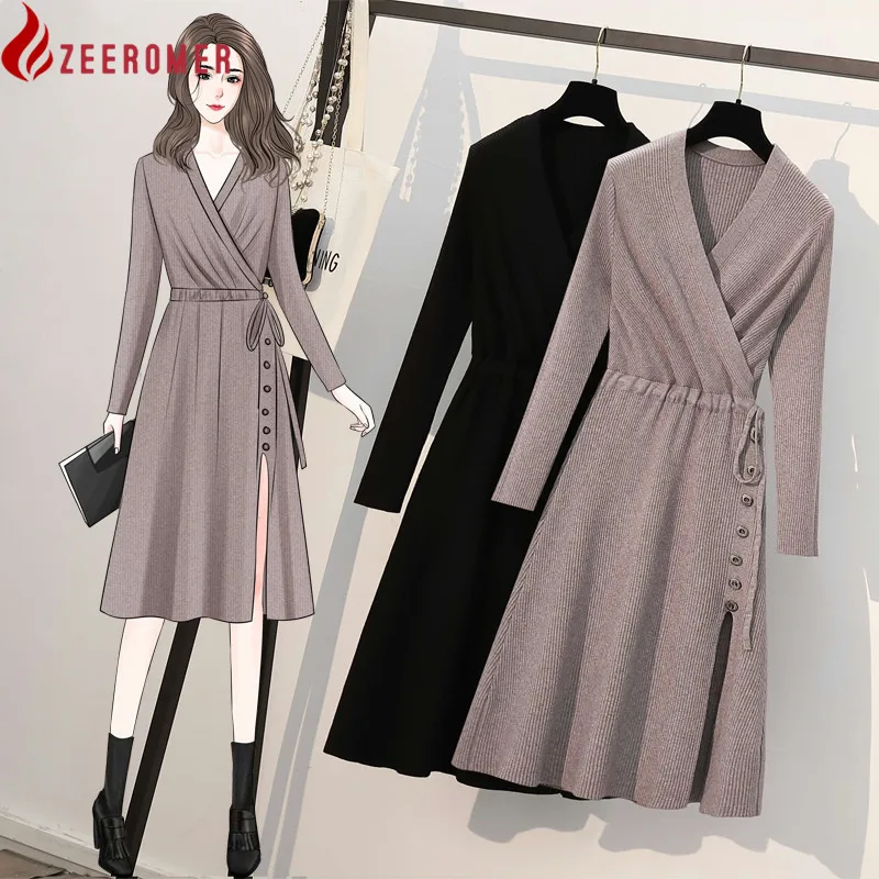 

Женское трикотажное платье-свитер с V-образным вырезом и длинным рукавом