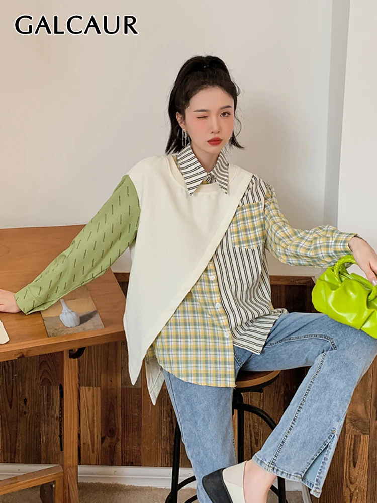 

GALCAUR Patchwork Fake Two Piece Shirts For Women Turn Down Collar Long Sleeve Single Breasted Slim Blouse Female 2022 Spring