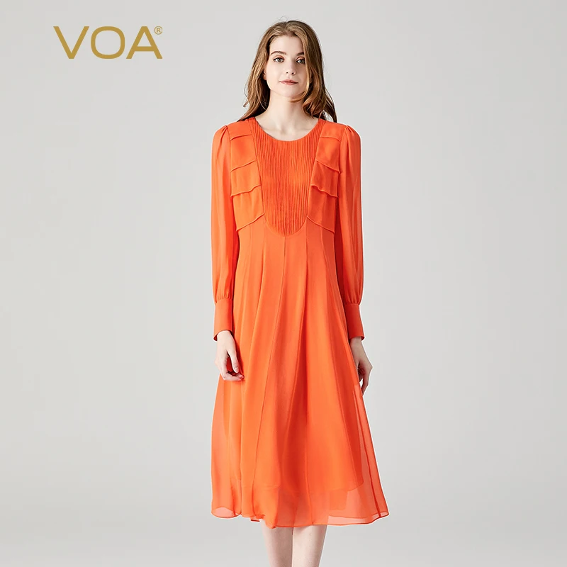 

VOA 100% Real Mulberry Silk Georgette Orange O-neck Shirt Long Sleeve Organ Pleated Office Ladies Double Layer Silk Dress AE1937