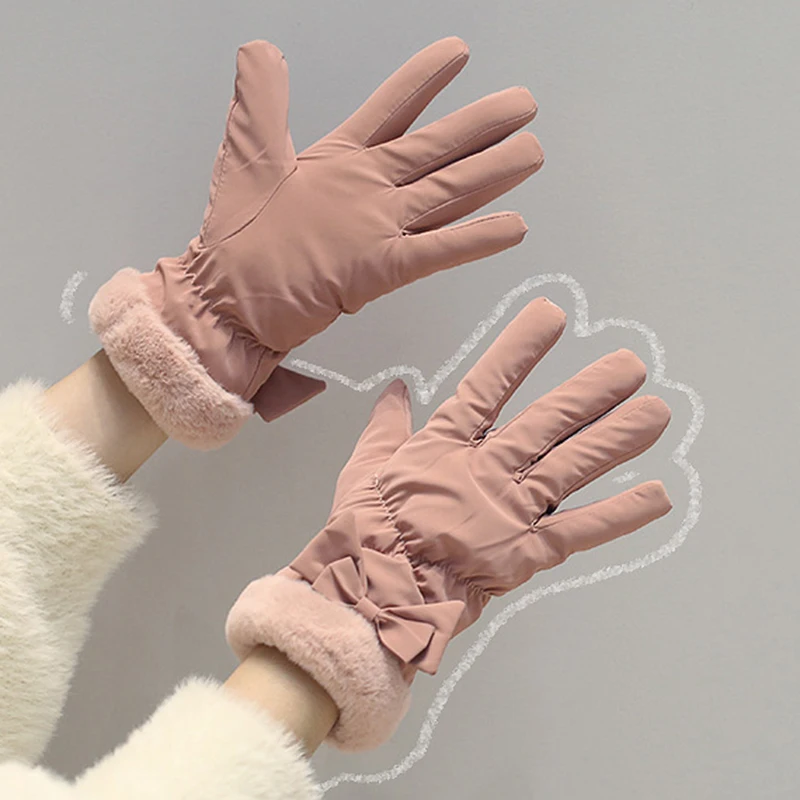 

Зимние женские лыжные перчатки, однотонные варежки с бантом на пальцах, уличные спортивные плотные перчатки, теплые ветрозащитные Бесплатн...