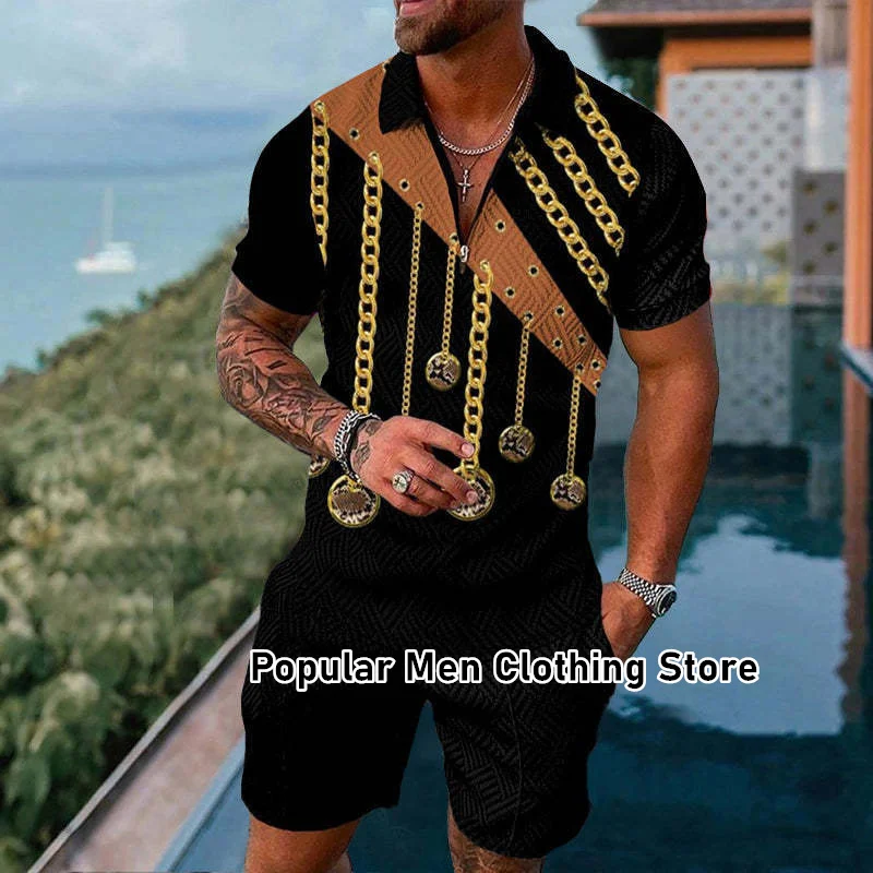

2023Men's High Quantity 3D Digital Printing Zipper Polo Shirt + Shorts Suit Streetwear Summer Harajuku Sports Casual Clothing