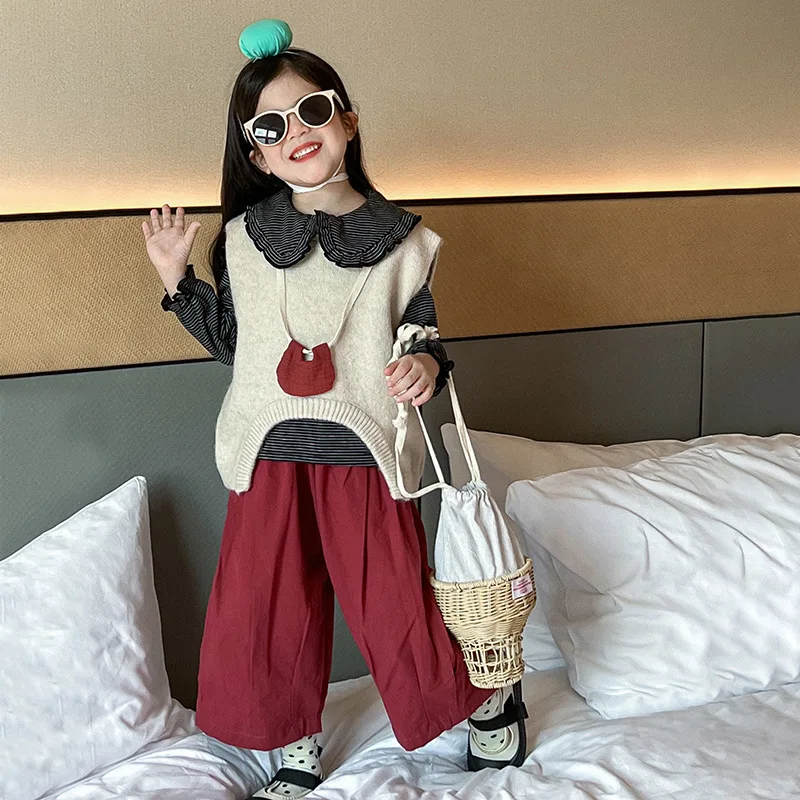 Одежда для маленьких девочек костюм Трикотажный жилет в полоску Новинка осени 2024