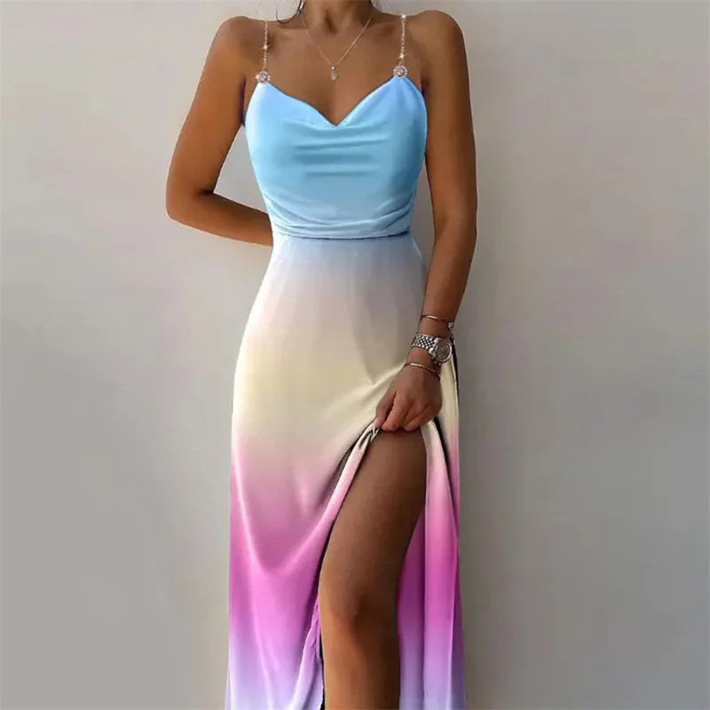 

2022 Fashion Colorful Gradient Print Long Dress Summer Backless Women's Dress Boho Off Shoulder Sparkling Crystal Cover up