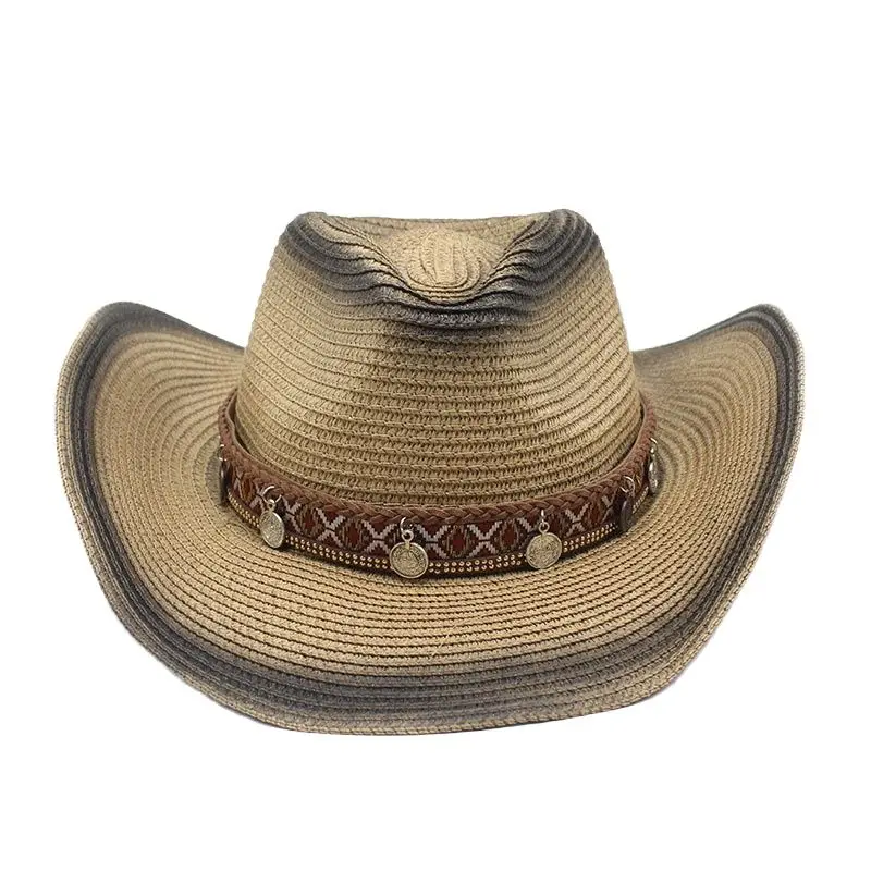 

Braided Straw Cowboy Hat With Vintage Hatband Shapeable Cowgirl Beach Pool Party Sunhat Outdoor Authentic Western Look Cap
