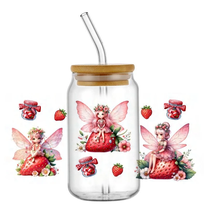 Красивая девушка-бабочка 16 унций клубника УФ DTF чашка обертки переводная
