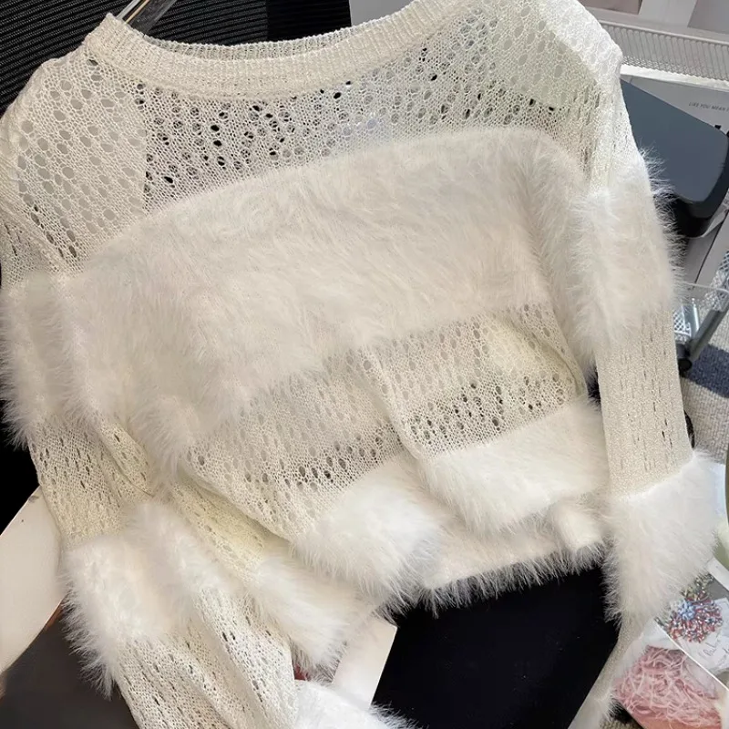 Ezgaga свитер женский с вырезом круглым пушистый лоскутный длинный рукав