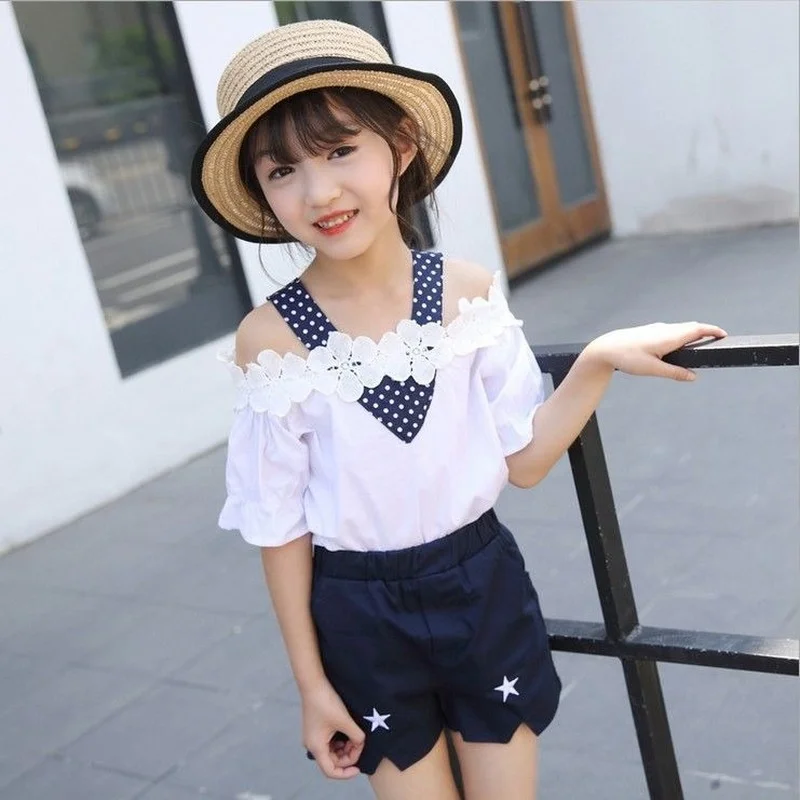 

Girls Summer Sets 2022 Size 7 Short-sleeved Casual Tracksuit Shorts Patchwork 2 Piece Set Summer Suits for Kids Girls School