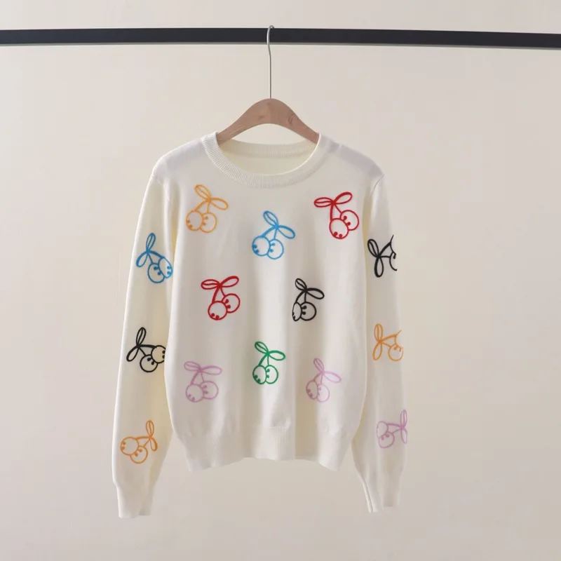 Новинка Осень-Зима Милый Молодежный красочный вышитый Вишневый пуловер с