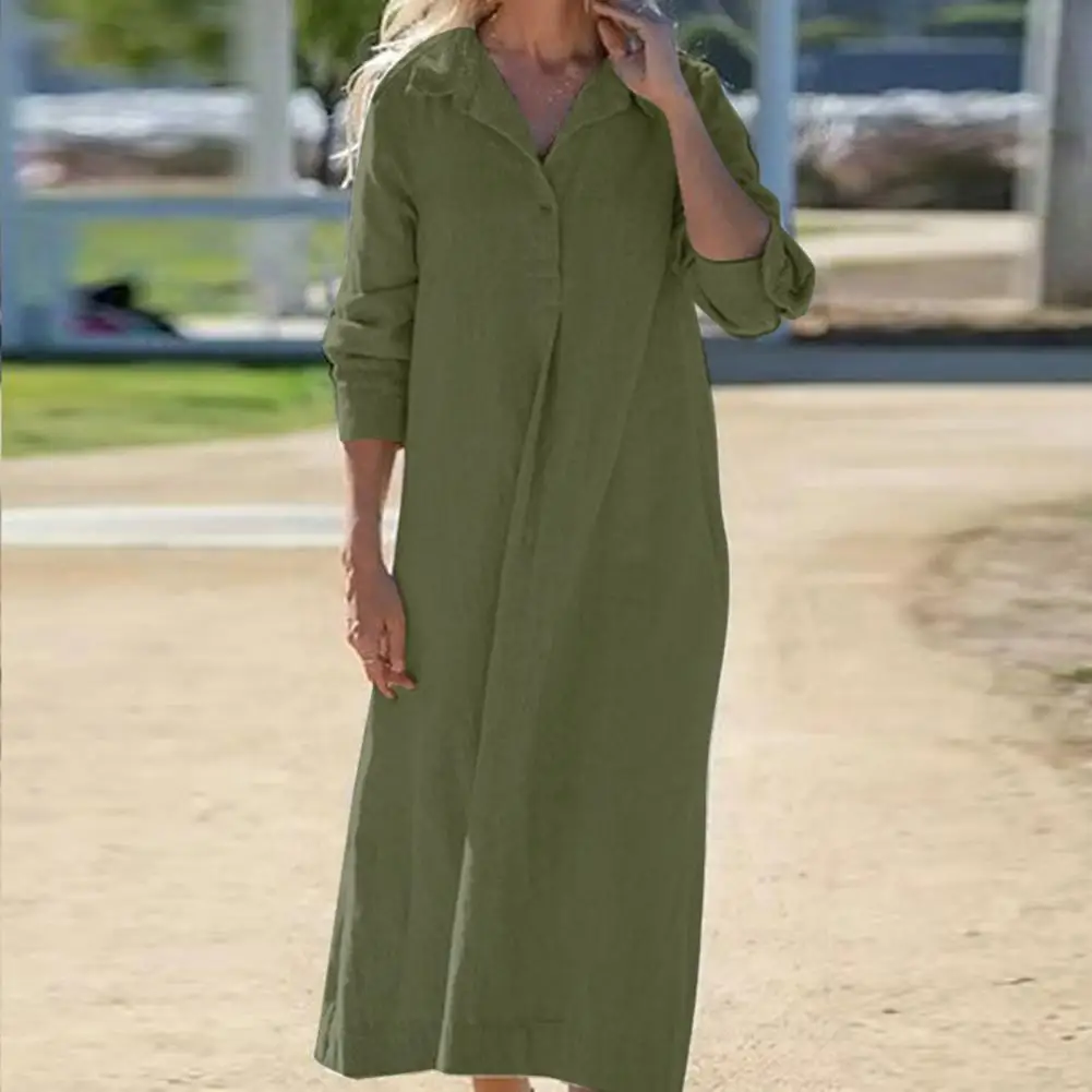 

Women Fall Spring Dress Soft Stylish Ladies' Maxi Dresses Loose-fit Long-sleeved Ankle-length Dresses with Lapel for Casual