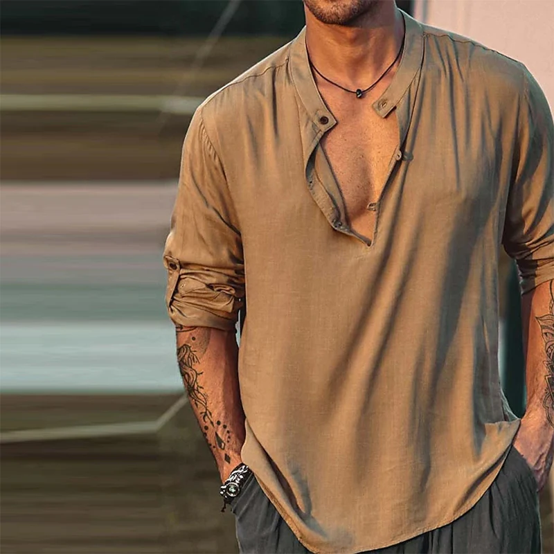 

Vintage Loose Cotton Linen Shirts Mens Casual Buttoned Crew Neck Solid Color Tops 2023 Spring Men's Half Sleeve Shirt Streetwear