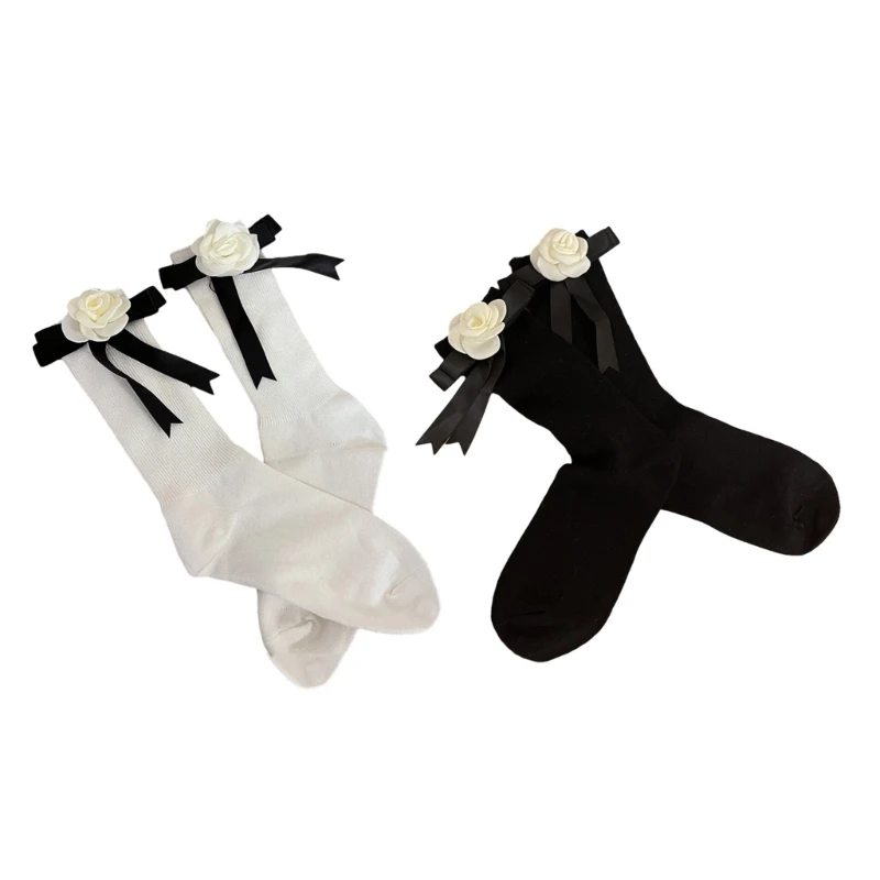 

L5YA Womens Sweet Over Ankle Socks Girl's Bows Ribbon Socks Middle Tube Socks