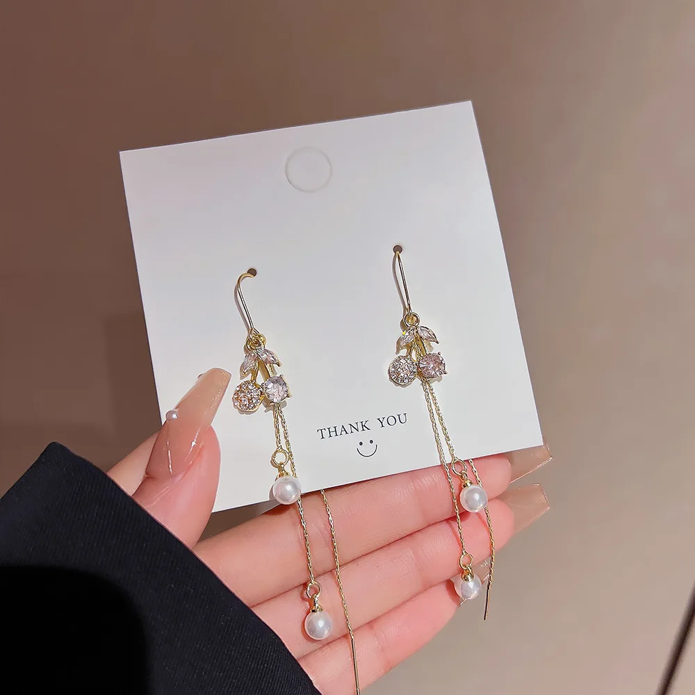 

With Diamond Cherry Tassel Pearl Pendant Stud Earrings All-match Premium 2022 New Earrings Jewelry For Women