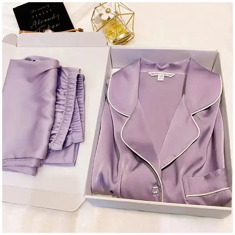 Pajamas for Women Pyjamas Simulated SILK PAJAMA Suit Terno Short Sleeve Sleepwear Two-piece Silk Housewear