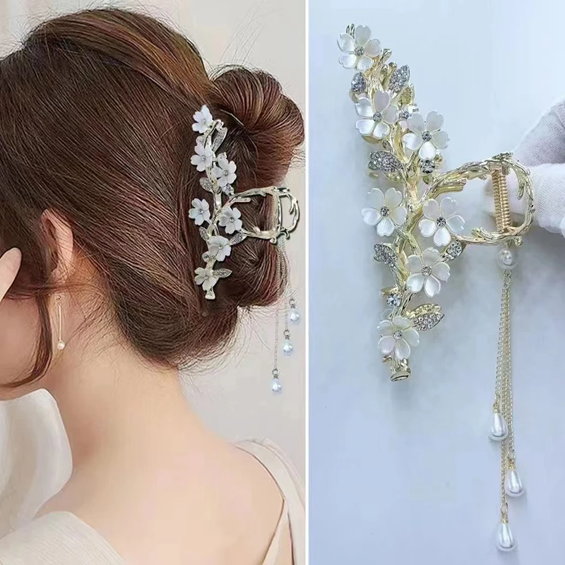 

Elegant Flowers Hair Clip Women Pearl Rhinestones Fairy Tassel Hair Catch Hairpin Retro Style Shark Clip Headdress Accessories