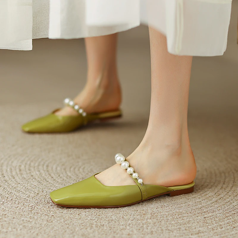 

Real Leather String Bead French Retro Women Slippers Square Toe Low Heels Shoes for Woman Spring Summer New Outdoor Red Shoes