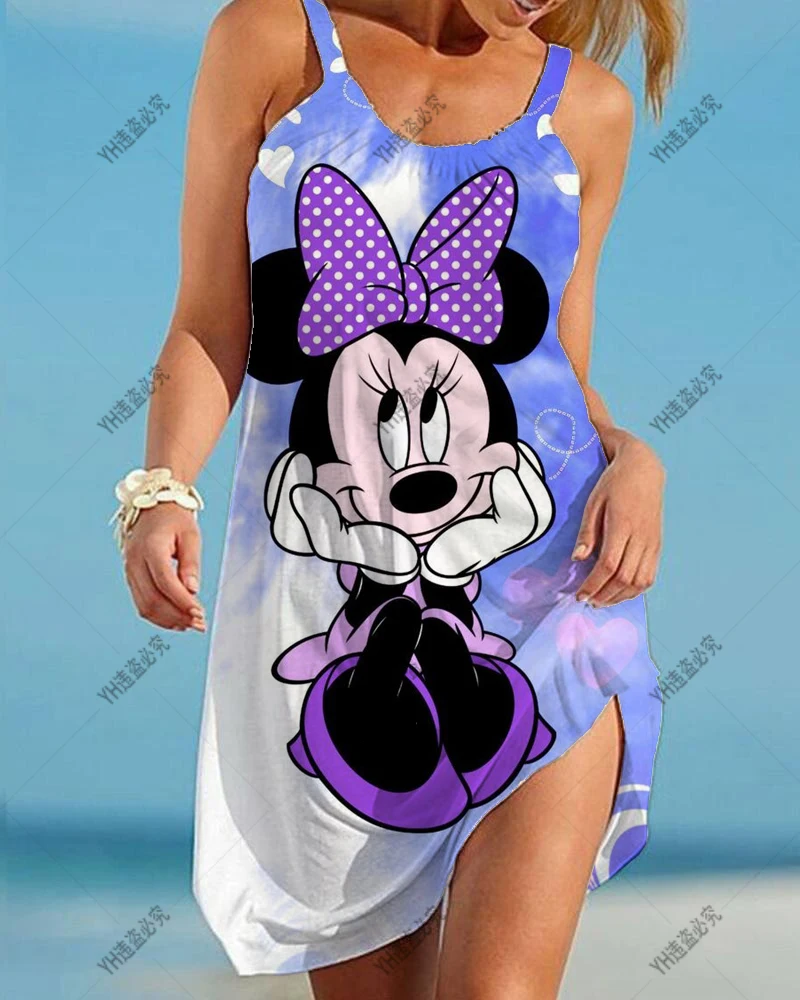 

2022 New Fashion Cartoon Sleeveless Women Summer Sling Sleeveless Dress Sexy Ladies Print Loose Minnie Beach Dress Disney Top