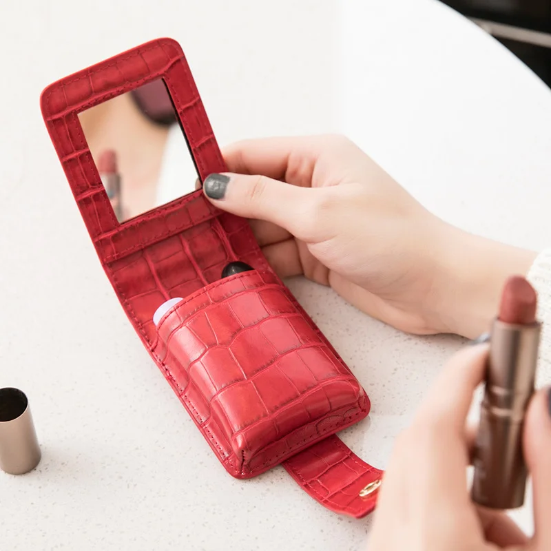 

Lipstick Cosmetic Bag with Mirror Women Travel Makeup Bag Crocodile Pattern Pu Mini Toiletry Organizer Pouch Storage