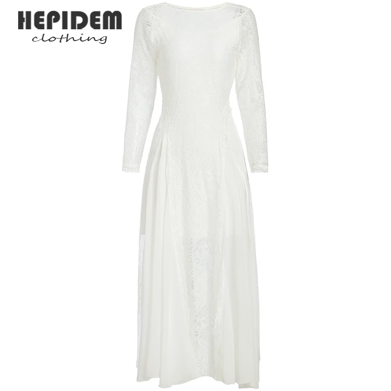 

HEPIDEM Clothing Summer Hollow Out Long Dress Women 2022 New Lace Long Sleeve Lace Mesh Vintage Jacquard Slim Dress 69573