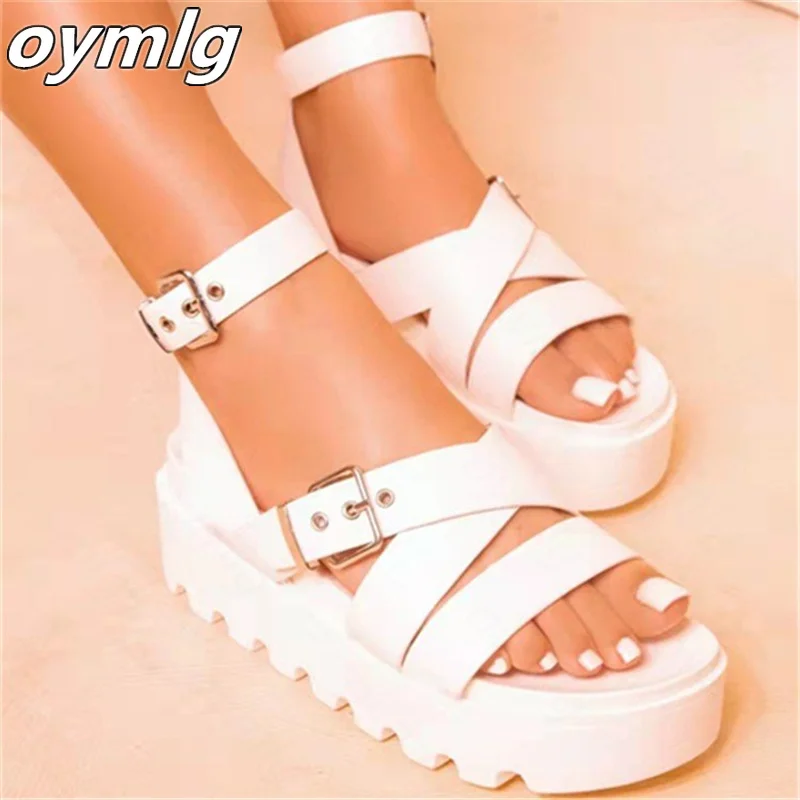 

New thick-soled high-heeled low-top open-toe buckled sandals women's large size sponge cake thick-soled buckled sandals women