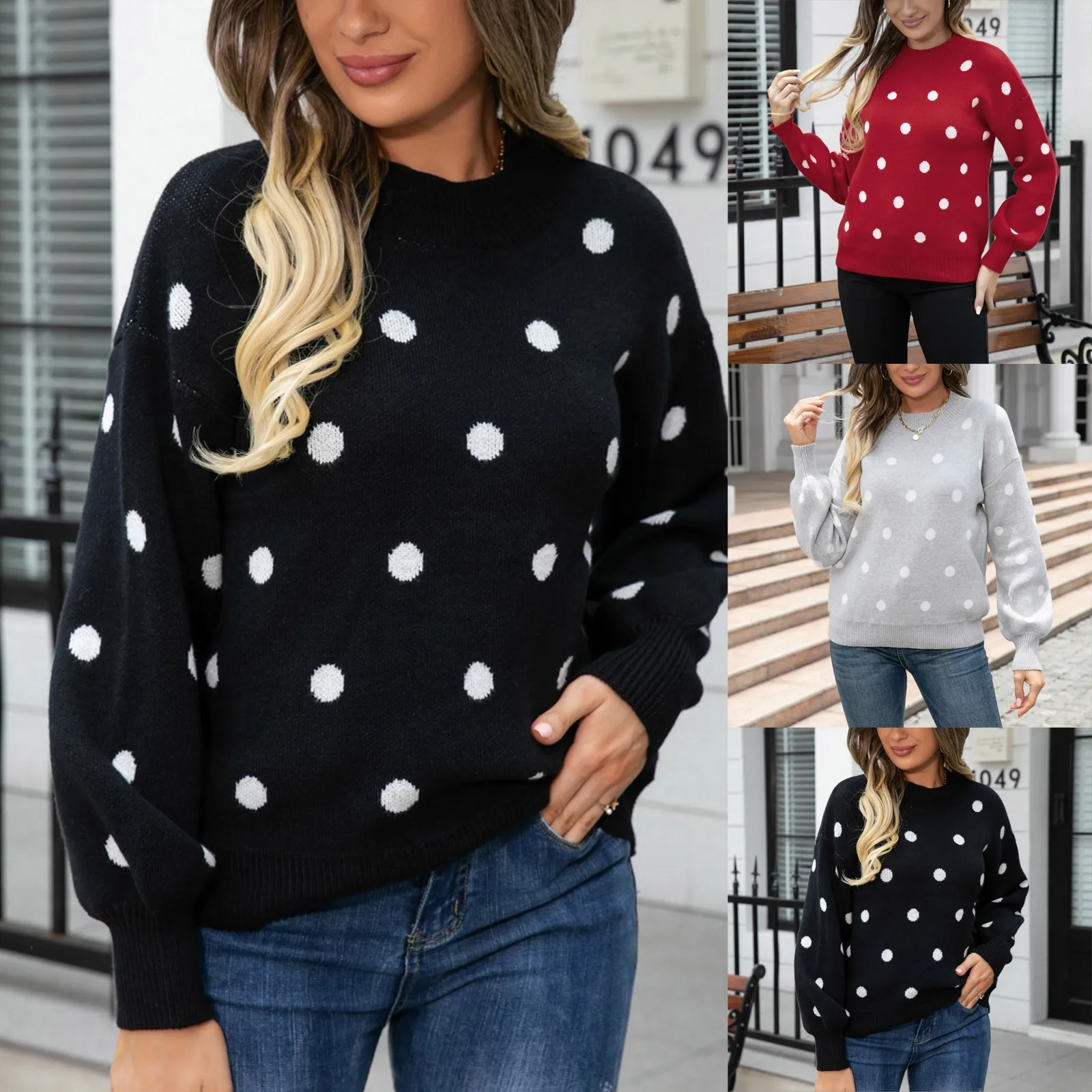 

Fuzzy Women Sweatshirt Women Fashion Casual Long Sleeve Knit Sweater Lightweight Polka Dot Printing Pullover Sweater Top
