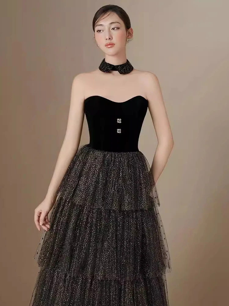 DEAT Элегантное платье без бретелек в стиле пэчворк с марлевыми пуговицами и