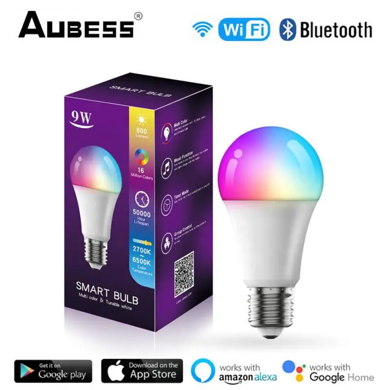 

9W WiFi Smart Light Bulb B22 E27 LED RGB Lamp Work with Alexa Google Home 85-265V RGB+CCT Dimmable Timer Function Magic Bulb